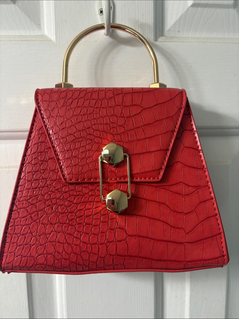 Red Croc-Embossed Mini Top Handle Bag with Gold Hardware